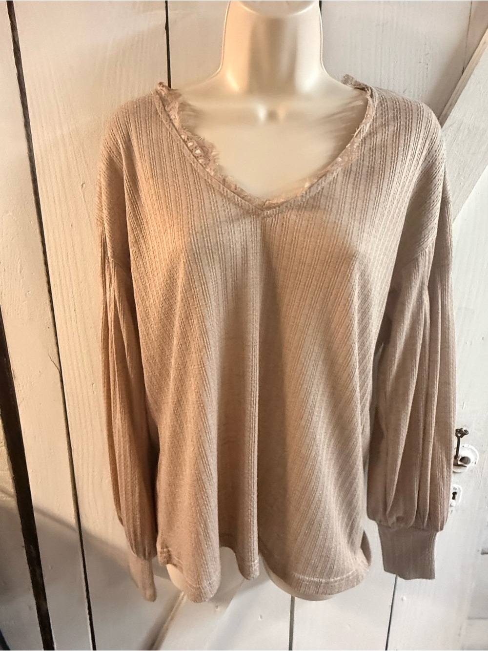 gimmicks by BKE Taupe Ribbed V-Neck Long Sleeve Top